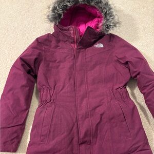 The North Face Kids Maroon Jacket with Faux Fur Trim